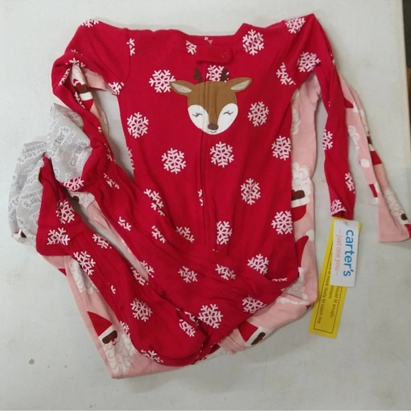Carter's Toddler Girls' Snowflake Reindeer /Black Santa Footed Pj Set Christmas - Picture 8 of 14